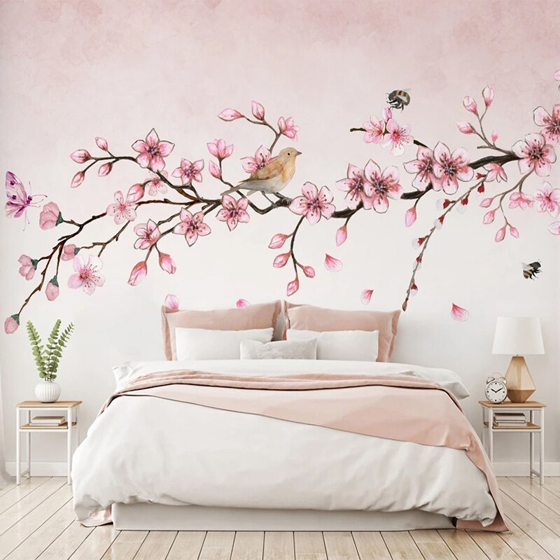 Mural Wallpaper Pink Flowers Butterflies Bird