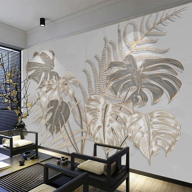 Mural Wallpaper Golden Embossed Lines Leaves