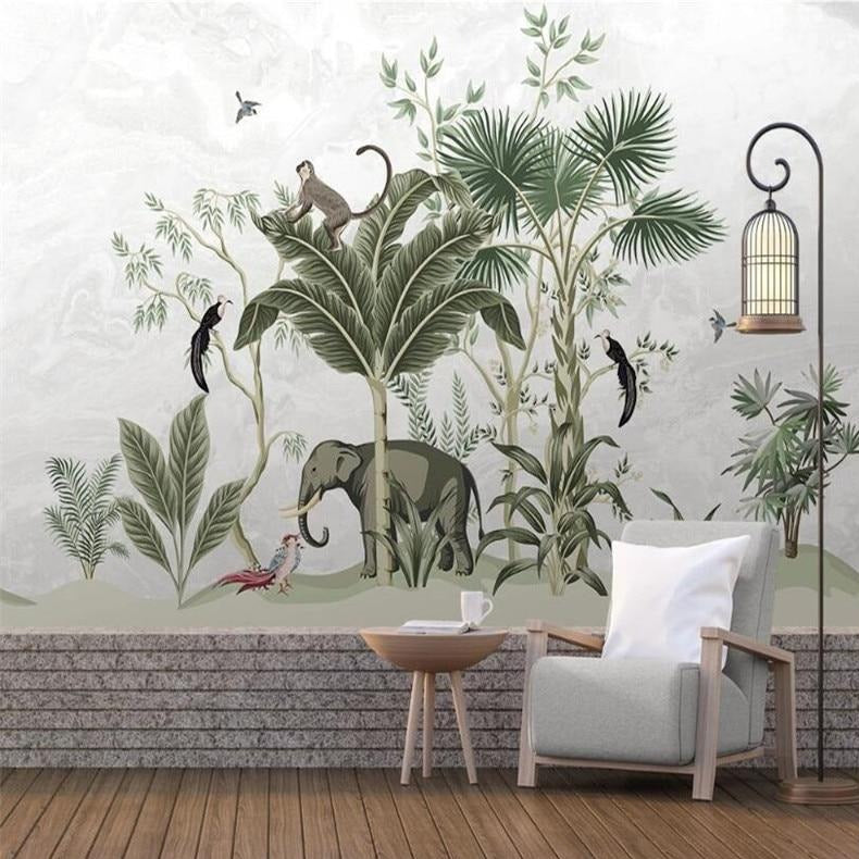 Mural Wallpaper Medieval Tropical Leaves Animals