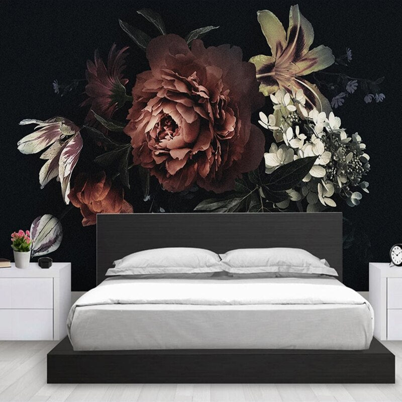 Mural Floral Wallpaper for Modern Black Interior