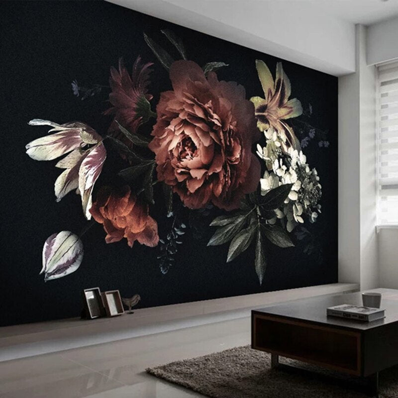 Mural Floral Wallpaper for Modern Black Interior