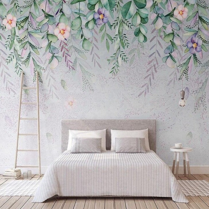 Mural Wallpaper Watercolor Leaves and Flowers Vine