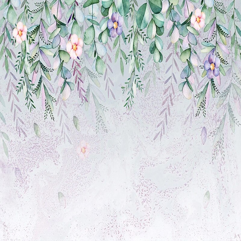 Mural Wallpaper Watercolor Leaves and Flowers Vine