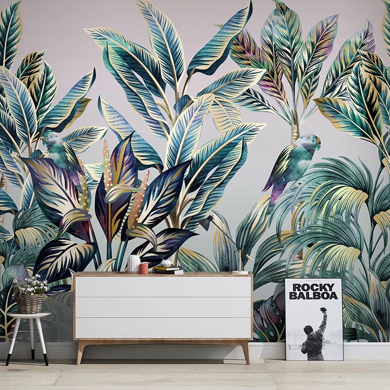 Mural Wallpaper Coconut Tree Banana Leaf Bird