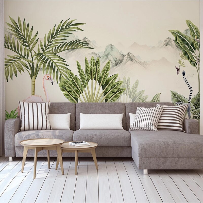 Mural Wallpaper Flamingo Monkey Rainforest Plant