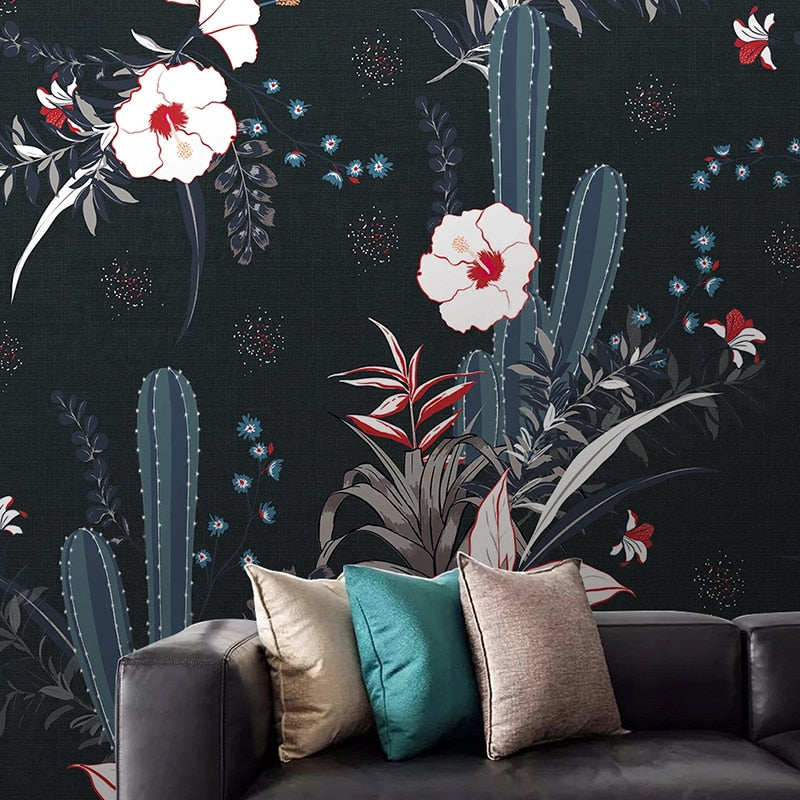 Mural Dark Background Wallpaper Tropical Flower Cactus