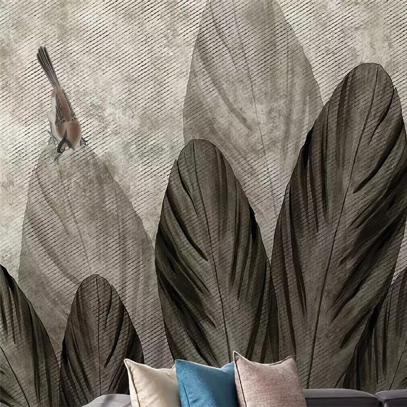 Hand-Painted Wallpaper Mural Abstract Leaves Bird