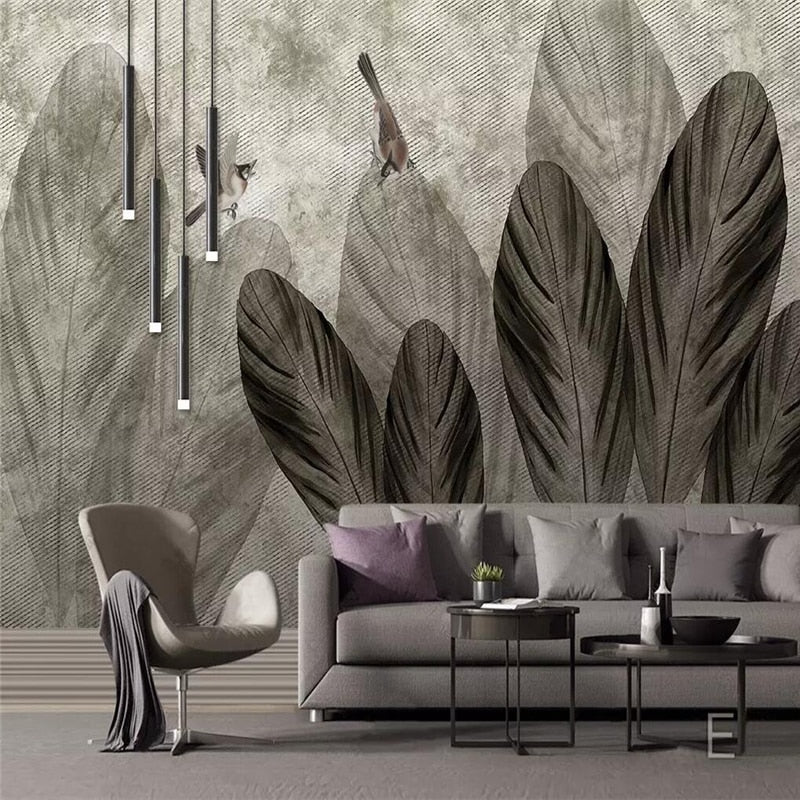 Hand-Painted Wallpaper Mural Abstract Leaves Bird