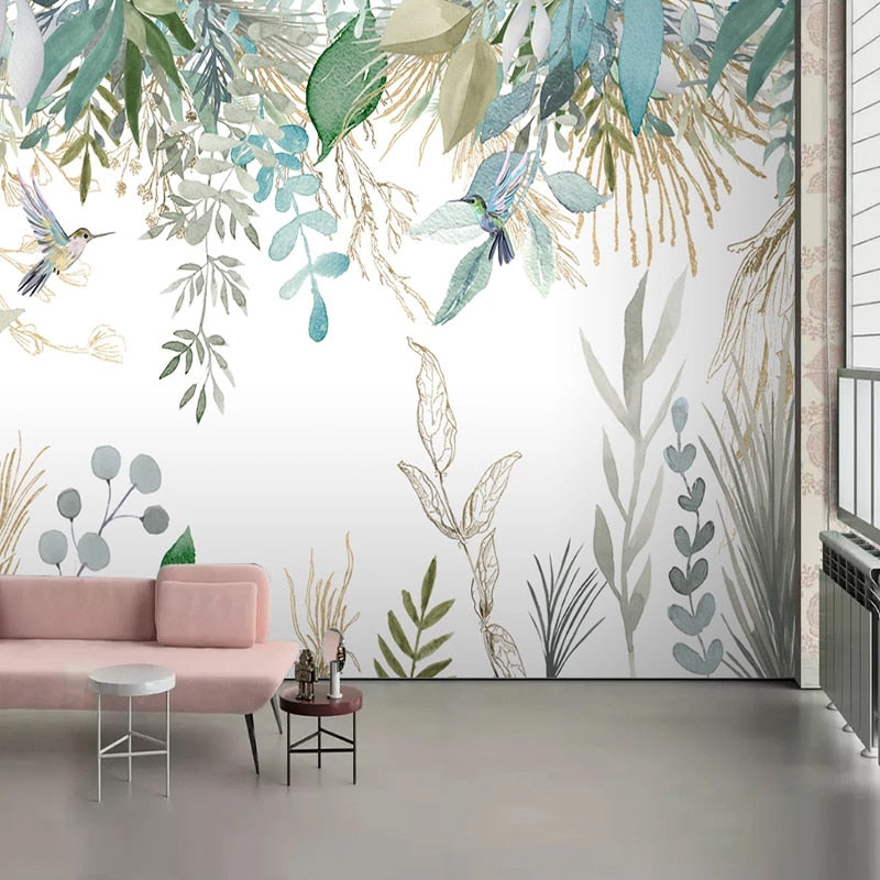 Mural Wallpaper Tropical Plant Leaves Flowers Birds