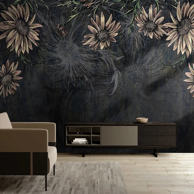 Mural Wallpaper Modern Minimalist Dark Flowers