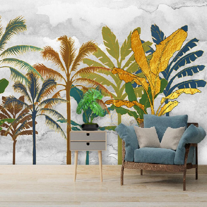 Mural Abstract Tropical Plant Golden Relief Lines