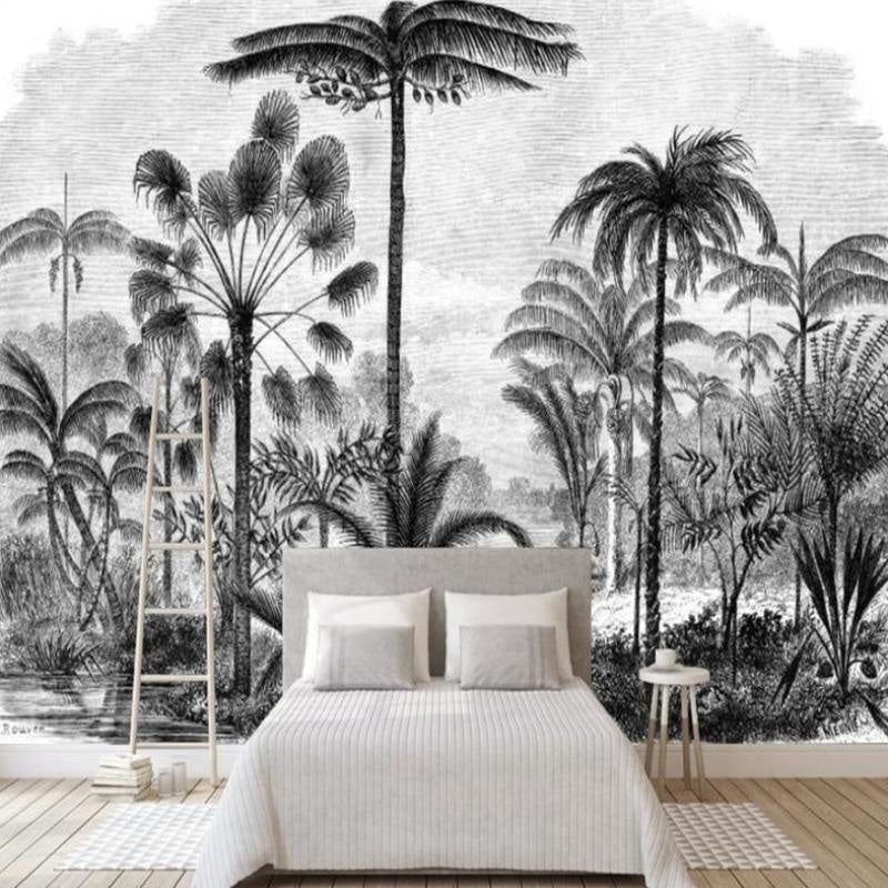 Black and white tropical decor wallpaper