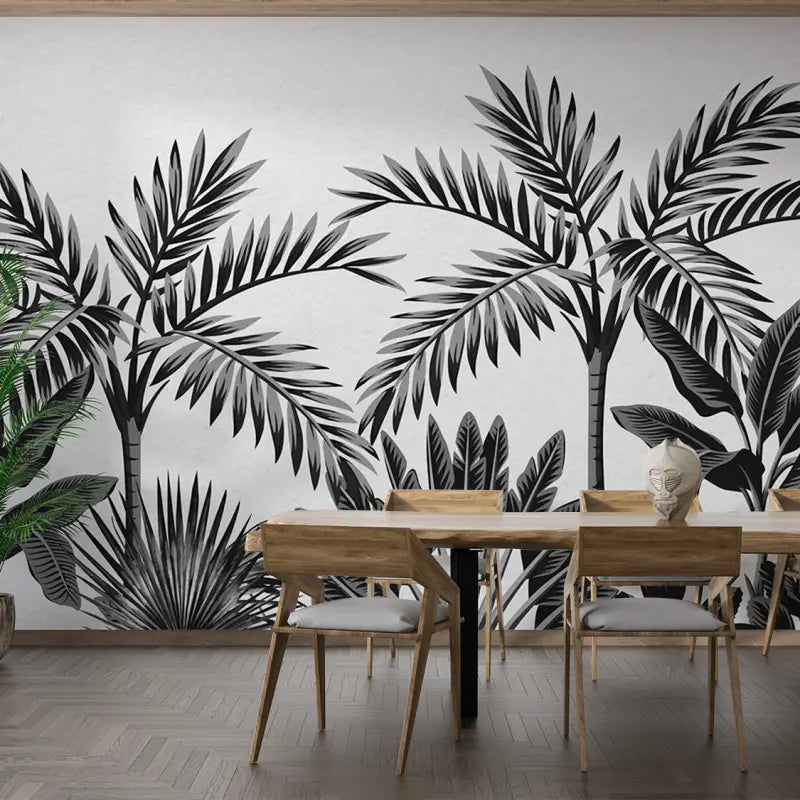Black and white tropical foliage wallpaper