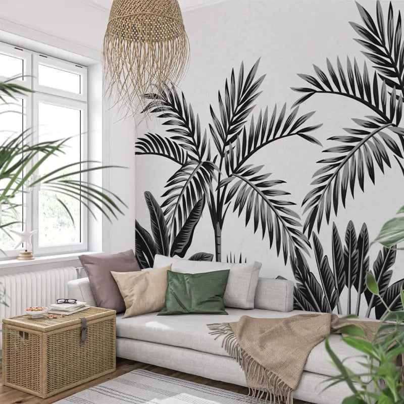 Black and white tropical foliage wallpaper