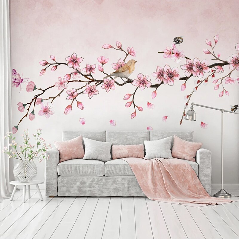 Mural Wallpaper Pink Flowers Butterflies Bird