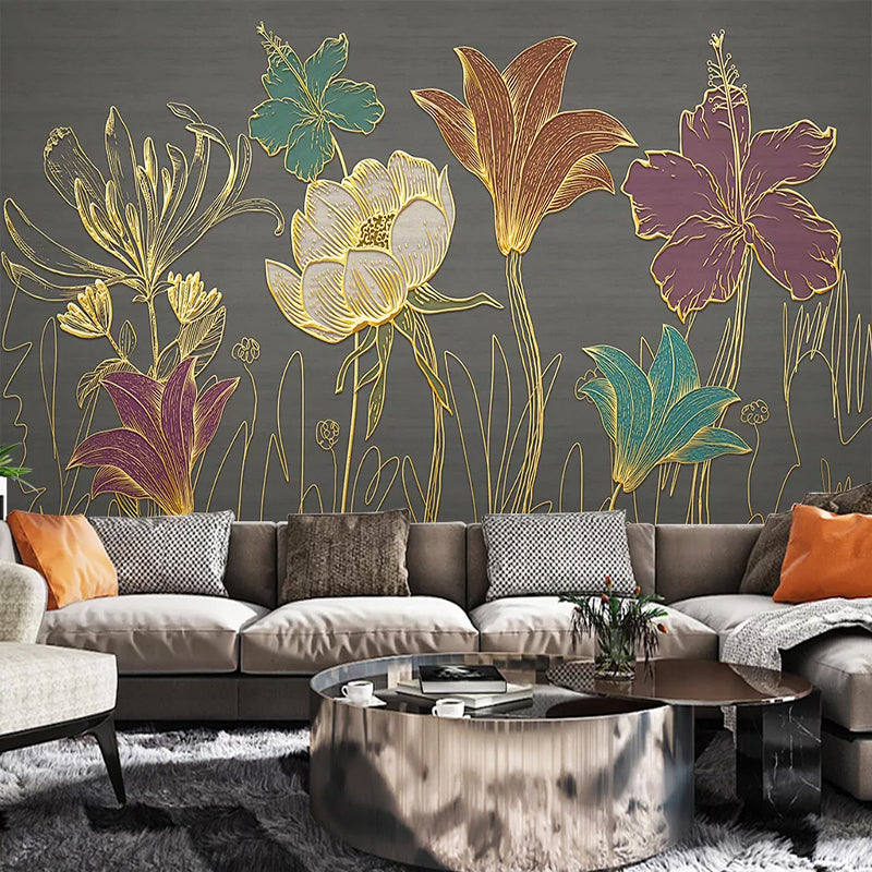 Mural Wallpaper Golden Embossed Flower Leaves