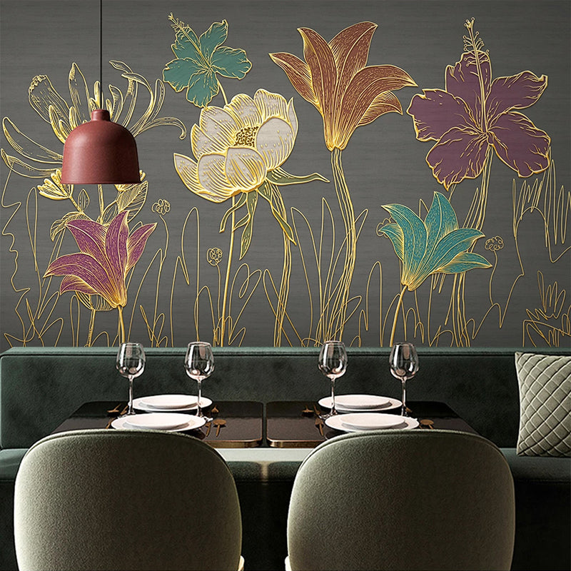 Mural Wallpaper Golden Embossed Flower Leaves