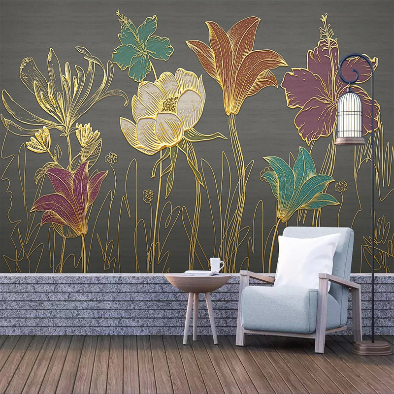 Mural Wallpaper Golden Embossed Flower Leaves