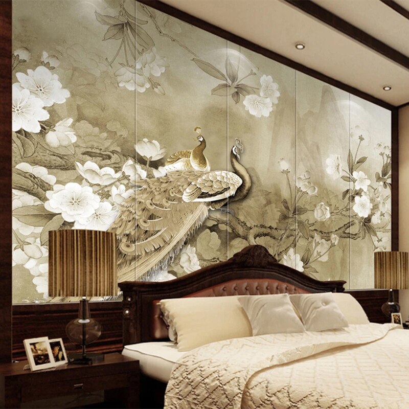 Mural Wallpaper Chinese Style Classic Peacock Flowers