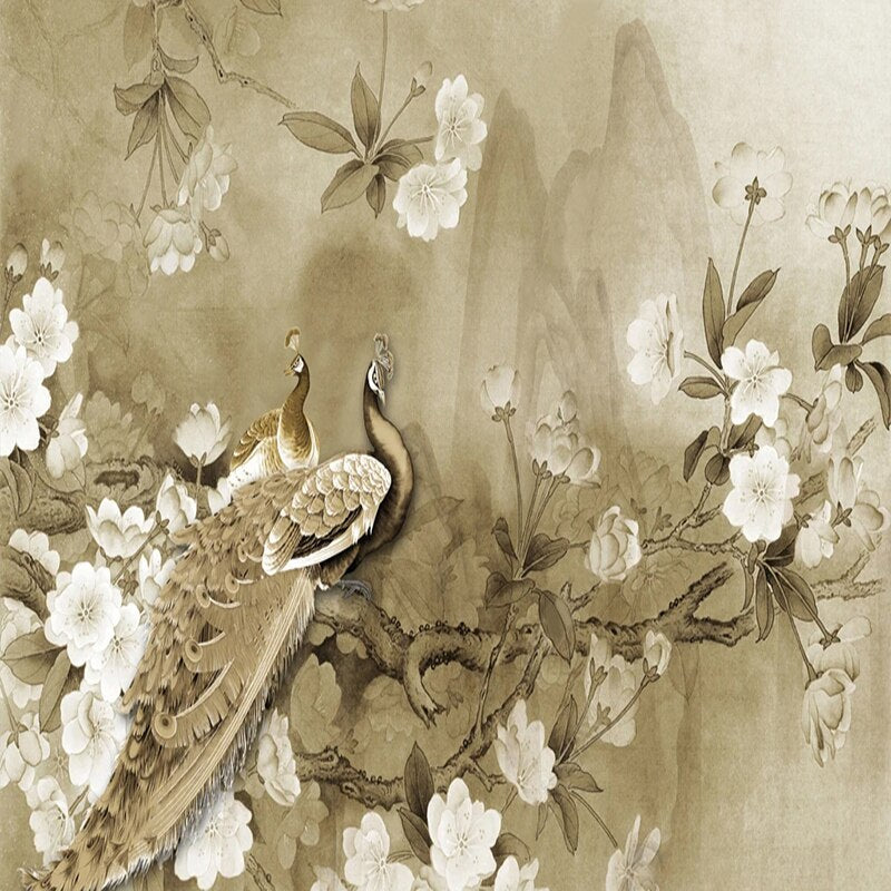 Mural Wallpaper Chinese Style Classic Peacock Flowers