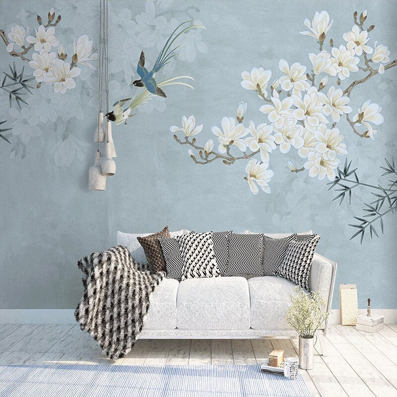 Mural Papel Pintado Estilo Chino Magnolia Flor Pájaro 