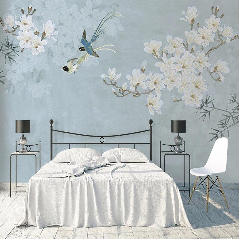 Mural Papel Pintado Estilo Chino Magnolia Flor Pájaro 