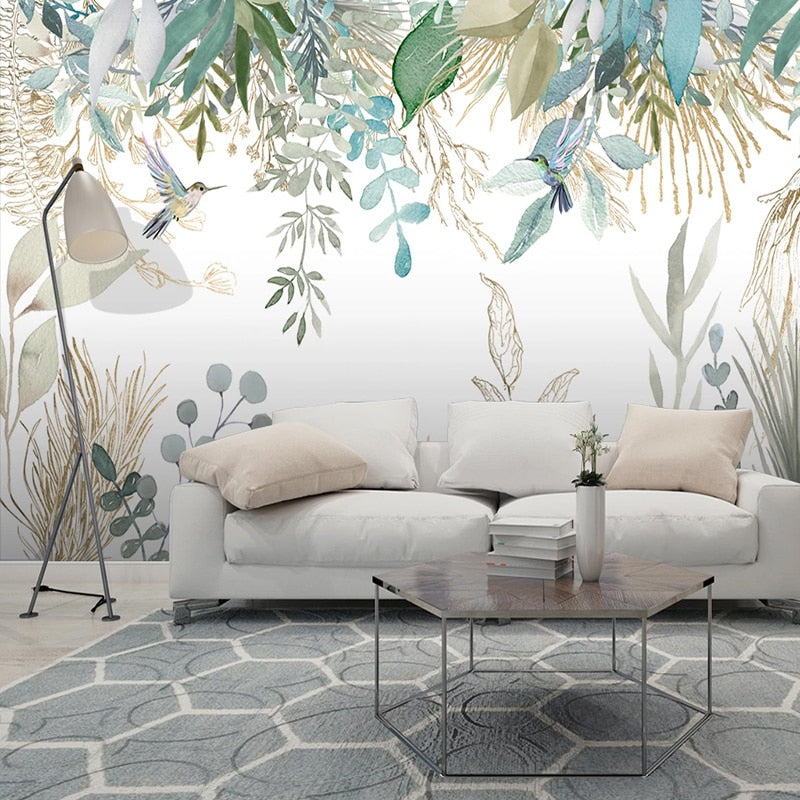 Mural Wallpaper Tropical Plant Leaves Flowers Birds