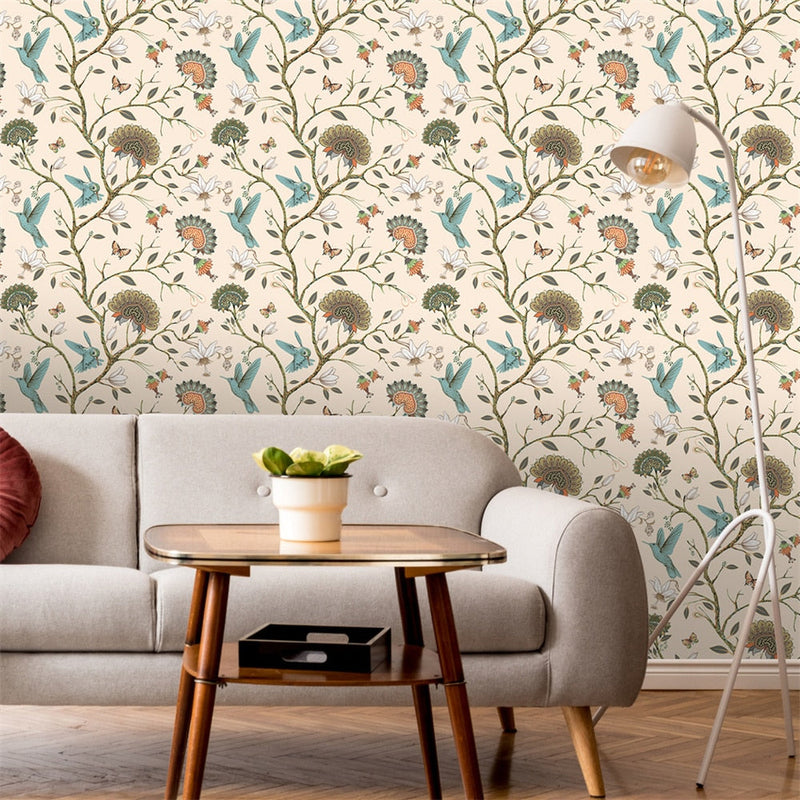 Mural Wallpaper Pastoral Style Vintage Flowers Birds