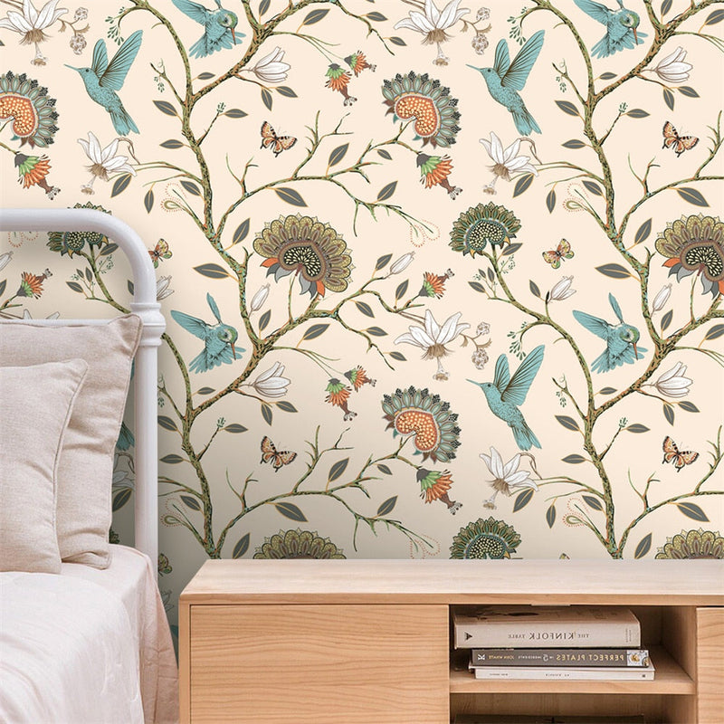 Mural Wallpaper Pastoral Style Vintage Flowers Birds