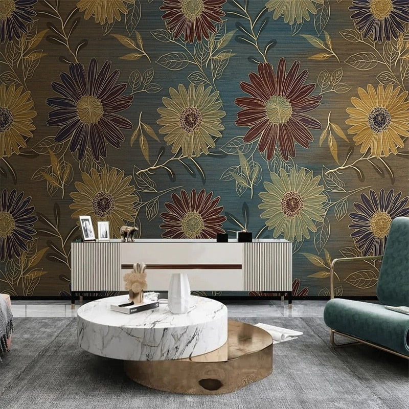 Mural Wallpaper Retro Flowers Plants Pattern