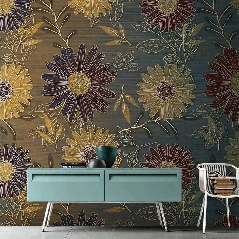 Mural Wallpaper Retro Flowers Plants Pattern