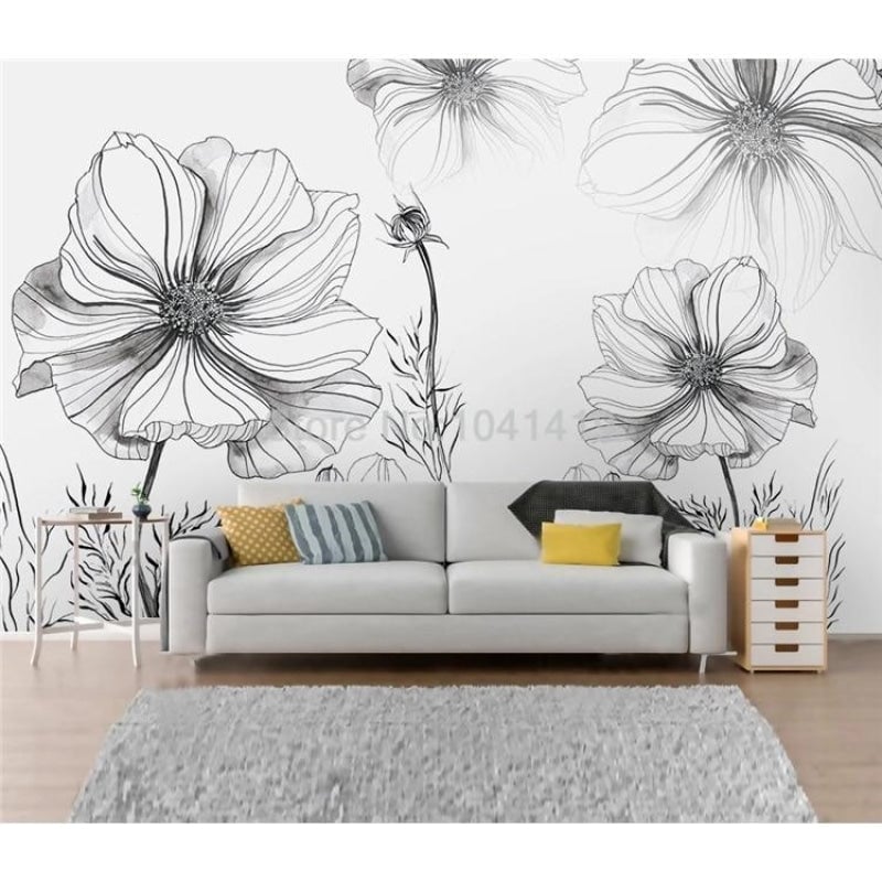 Papel pintado de flores en blanco y negro 