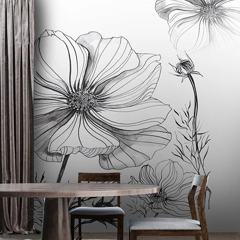 Papel pintado de flores en blanco y negro 