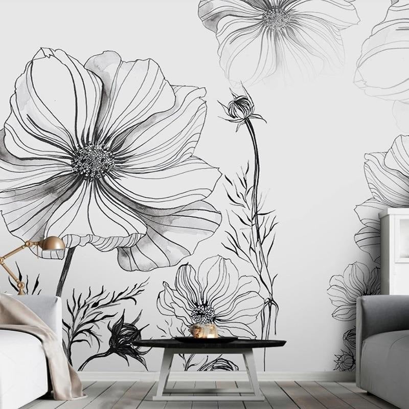 Papel pintado de flores en blanco y negro 