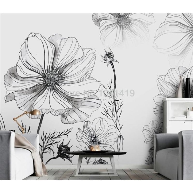 Papel pintado de flores en blanco y negro 