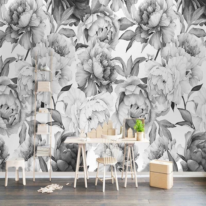 Papel pintado floral en blanco y negro 