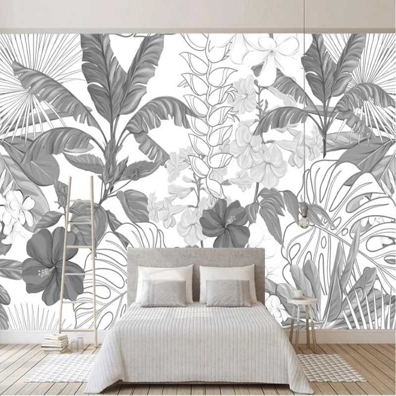 Papel pintado jungla de diseño en blanco y negro 