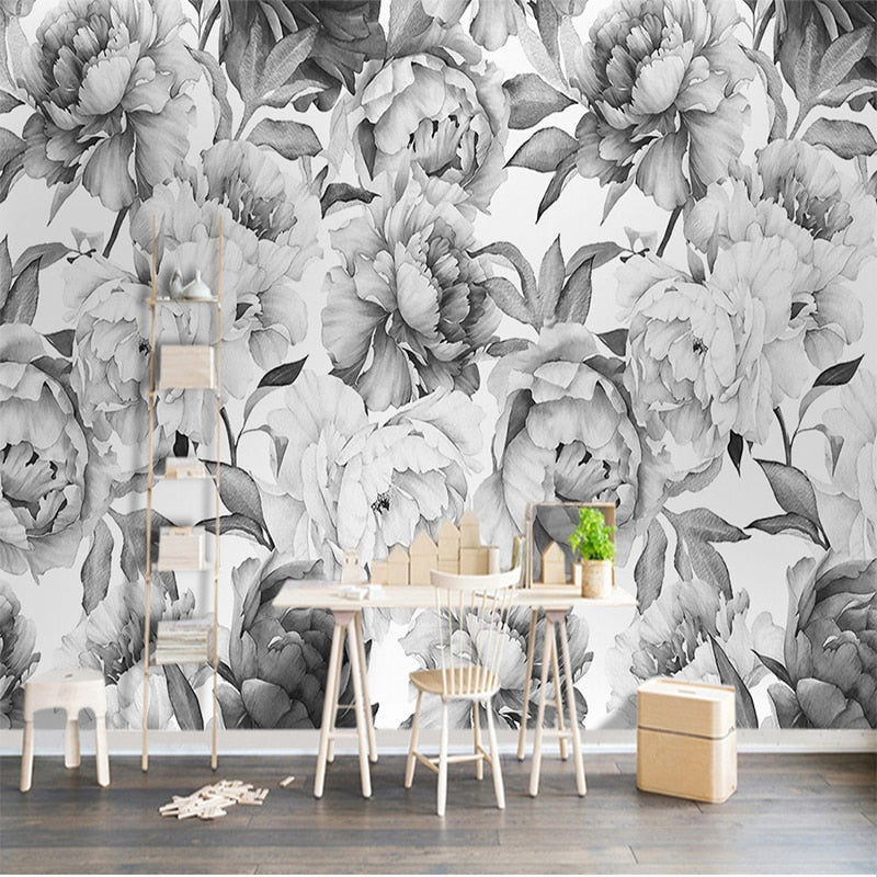 Floral Wallpaper Mural Black and White Peony Flower